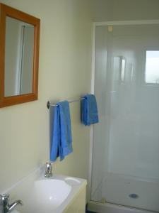 a bathroom with a sink and a shower with blue towels at White Elephant Accomodation in Motueka