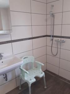 ein Bad mit einem Waschbecken und einem Stuhl neben einer Dusche in der Unterkunft Tante Käthe in Nordstrand