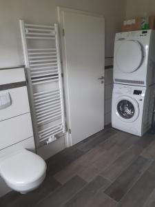 ein Badezimmer mit einem WC und einer Waschmaschine in der Unterkunft Tante Käthe in Nordstrand