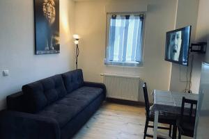 ein Wohnzimmer mit einer Couch und einem Tisch in der Unterkunft Comfortable new Apartment in #Koblenz# direkt am Rhein in Koblenz