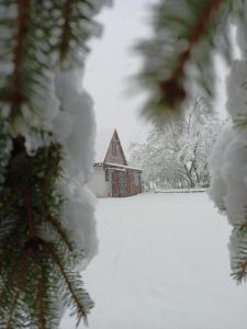 un antiguo granero cubierto de nieve con un árbol en Apartment Enjoy en Kolašin