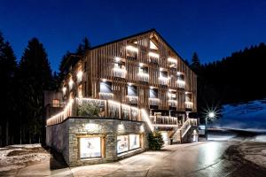 a building with lights on the side of it at ALMMONTE PRÄCLARUM SUITES Design Hotel in Wagrain