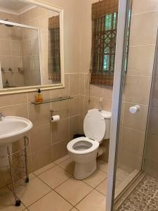 a bathroom with a toilet and a sink at Cabbage Tree Cottage in Hilton