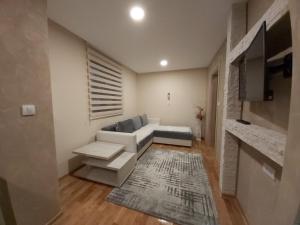 a living room with a white couch and a tv at Apartmani Ristanović in Zlatibor