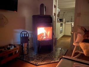 a fireplace in a living room with a stove at Hübingen Cottage in Hübingen