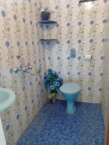 a bathroom with a blue toilet and flowers on the wall at Agonda Holiday Home in Agonda