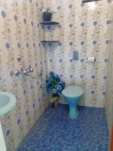baño con aseo azul y flores en la pared en Agonda Holiday Home, en Agonda 29 fotos más