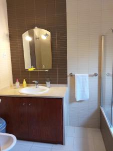 a bathroom with a sink and a mirror and a shower at Vivenda Luz e Lúdica in Altura