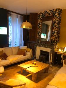 ein Wohnzimmer mit einem Sofa und einem Kamin in der Unterkunft Appartement Joséphine in Eaux-Bonnes
