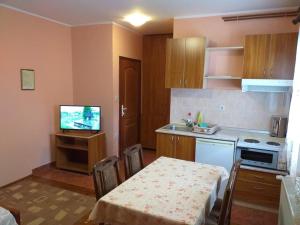 a kitchen with a table and a television in a room at Apartments Vukomanović in Zlatibor