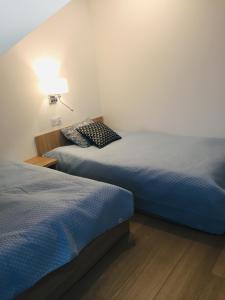 Pokój z 2 łóżkami i lampką na ścianie w obiekcie Apartament Diuna w Grzybowie