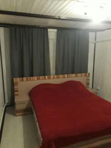 a bedroom with a bed with a red blanket at Kazka in Yablunytsya