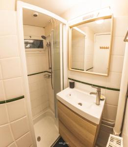uma casa de banho com um lavatório e um chuveiro em Gîte Le Petit Arbizon em Campan