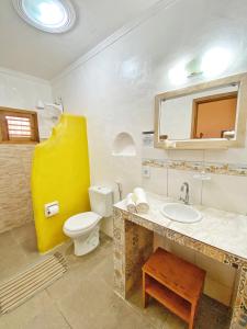 La salle de bains est pourvue d'un lavabo, de toilettes et d'un miroir. dans l'établissement Villa Medina Jeri, à Jericoacoara