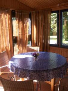 una mesa azul con flores en una habitación con ventanas en Turisthuset Västra Karstorp, en Aneby
