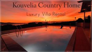 una puesta de sol sobre una piscina con las palabras Kynivka County luxury en Kouvelia Country Home Luxury Villa Rental, en Nerotriviá