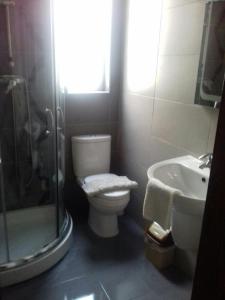 y baño con aseo, lavabo y ducha. en New and airy apartment in Marsalforn, en Żebbuġ