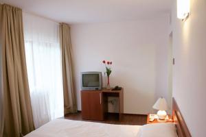 a hotel room with a bed and a tv at Hotel Timisoara Sannicolau Mare in Sînnicolau Mare