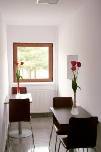 ein Esszimmer mit zwei Tischen und roten Rosen in Vasen in der Unterkunft Hotel Timisoara Sannicolau Mare in Sînnicolau Mare