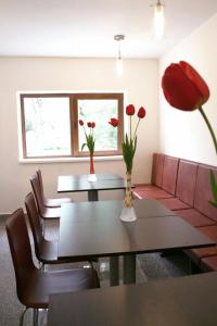 a dining room with two tables and red flowers in vases at Hotel Timisoara Sannicolau Mare in Sînnicolau Mare