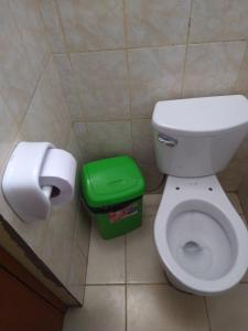 La salle de bains est pourvue de toilettes et d'une poubelle verte. dans l'établissement Hospedaje T&T, à Churín