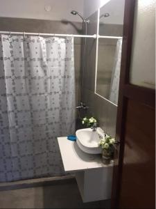 uma casa de banho com um lavatório e uma cortina de chuveiro em Rivahome em Córdoba