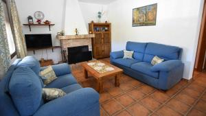 een woonkamer met blauwe banken en een open haard bij Cortijo Antonio in Nerja