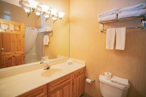 a bathroom with a sink and a toilet and a mirror at Banff Woods lodge in Canmore +88 photos