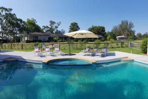 
a patio area with a pool and chairs at Burncroft Guesthouse in Lovedale
