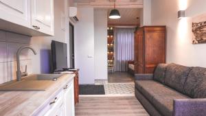 eine Küche und ein Wohnzimmer mit einem Sofa und einem Waschbecken in der Unterkunft Õhtu Apartments in Haapsalu