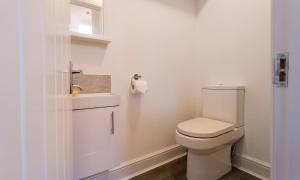 a white bathroom with a toilet and a sink at Noble Cottage in Keswick +10 photos