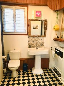 a bathroom with a white toilet and a sink at Petite chambre insolite "La Cabine" in Barneville-Carteret