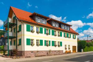 duży biały budynek z zielonymi okiennicami w obiekcie Staimicher Höhen - Premium Appartements w mieście Kurort Steinbach-Hallenberg