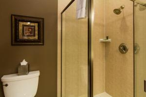 a bathroom with a shower stall and a toilet at Larsmont Cottages in Two Harbors