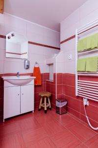 czerwono-biała łazienka z umywalką i oknem w obiekcie APARTMÁN CABERNET w mieście Velké Pavlovice