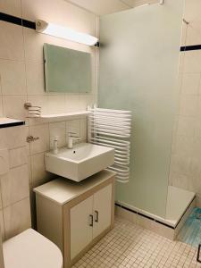 La salle de bains est pourvue d'un lavabo, de toilettes et d'un miroir. dans l'établissement Ferienwohnung 258 Haus Schleswig, à Kalifornien