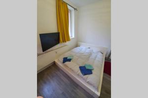 ein kleines Schlafzimmer mit einem Bett mit zwei blauen Ordnern in der Unterkunft Gemütliches Apartment neben der Burg in Kröllwitz