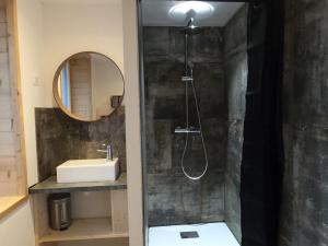 a bathroom with a shower with a sink and a mirror at Chez Léa et Lolo - L'Alpina in Gérardmer