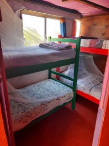 two bunk beds in a room with a window at Ajo Aloha Hostel in Cabo Polonio