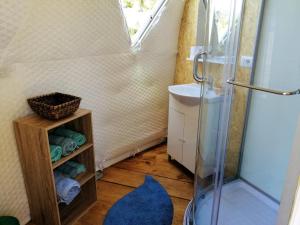 a small bathroom with a shower and a sink at B&B Glamping Semaforo Capo Sperone in SantʼAntìoco