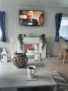 sala de estar con TV sobre una chimenea en Foxwood Lodge Private Hot Tub Getaway, en Swarland