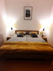 1 dormitorio con 1 cama grande y 2 almohadas en Molo Wellness Garden, en Siófok