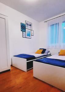 Un dormitorio con dos camas y una ventana. en Molo Wellness Garden, en Siófok