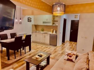 ノヴァ・ヴァロシュにあるAna Luxury Apartment ****のリビングルーム(ソファ、テーブル付)、キッチンが備わります。