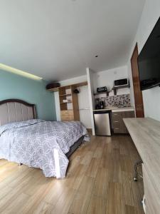 1 dormitorio con 1 cama y cocina en Acogedor loft privado, en Ciudad de México