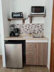 a kitchen with a counter with a sink and a microwave at Acogedor loft privado en Coyoacán in Mexico City +4 photos