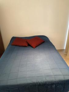 uma cama azul com duas almofadas vermelhas em Las Piedras em Pilar