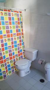 a bathroom with a toilet and a shower curtain at Posada Dos Hermanos in Huasca de Ocampo