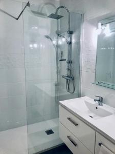 a white bathroom with a shower and a sink at Les Fauvettes in Ouzouer-sur-Loire
