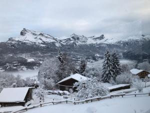 uma serra coberta de neve com uma cabina em primeiro plano em le mazot em Combloux